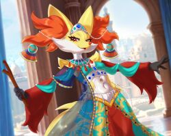  anthro breasts clothed clothed_female clothing delphox female fur generation_6_pokemon inner_ear_fluff looking_at_viewer midriff multicolored_body navel nintendo open_mouth orange_eyes pinup pokemon pokemon_(species) pokemon_unite pose purrynx queenpurr red_body red_fur sacred_style_delphox seductive small_breasts solo tail tuft yellow_body yellow_fur 