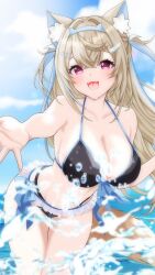  absurdres alternate_costume animal_ear_fluff animal_ears bandaid bandaid_hair_ornament bare_arms bare_shoulders bikini black_bikini blonde_hair blue_hair blush breasts cleavage cloud cloudy_sky collarbone dog_ears dog_girl dog_tail female fuwawa_abyssgard hair_between_eyes hair_ornament highres hololive hololive_english holonatsu_paradise horn_hairband large_breasts long_hair mu_me0812 multicolored_hair navel open_mouth pink_eyes reaching reaching_towards_viewer sky smile splashing stomach swimsuit tail virtual_youtuber wet 