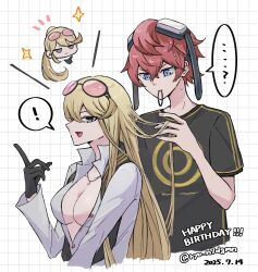  ! ... 1boy ? adjusting_another&#039;s_hair aiba_takumi black_gloves black_scarf black_shirt blonde_hair blue_eyes breasts cleavage dated digimon digimon_story:_cyber_sleuth eyewear_on_head female gloves goggles goggles_on_head happy_birthday highres kuremi_kyouko long_hair medium_breasts nagoshi pink-tinted_eyewear red_hair scarf shirt short_hair speech_bubble spoken_exclamation_mark spoken_question_mark sunglasses tinted_eyewear twitter_username upper_body white_shirt 