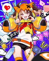  absurdres ahoge bell black_shorts book bottle brown_hair female gigi_murin gigi_murin_(1st_costume) heart heart_hands highres hololive hololive_english long_sleeves looking_at_viewer multicolored_hair open_mouth pencil pink_eyes short_hair shorts smile solo suddenboom_art thumbs_up twintails two-tone_hair virtual_youtuber water_bottle 