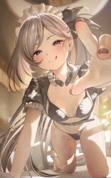  :q absurdres bikini black_bikini blue_archive blush female foreshortening grey_hair hair_ornament halo highres licking_lips long_hair looking_at_viewer mutsuki_(blue_archive) nanaken_nana pointy_ears purple_eyes shrug_(clothing) side_ponytail smile solo swimsuit tongue tongue_out white_hair 