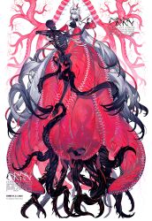  absurdly_long_hair absurdres black_hair breasts colored_skin colored_tips crrn female flesh highres horns large_breasts long_hair multicolored_hair original red_eyes red_ribbon ribbon shirt skeleton solo tentacle two-tone_hair veins very_long_hair white_shirt white_skin 