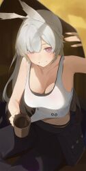  absurdres animal_ears arknights arm_up black_pants breasts character_request cleavage coffee coffee_mug cup female grey_hair grin highres kji_(rozo) large_breasts mug pants purple_eyes rabbit_ears rabbit_girl smile surfer_(arknights) tank_top white_tank_top 