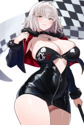  absurdres ahoge bamboo_tac black_leotard breasts cleavage closed_mouth cowboy_shot fate/grand_order fate_(series) female flag fur-trimmed_jacket fur_trim grey_hair highres holding holding_flag jacket jeanne_d&#039;arc_alter_(fate) jewelry large_breasts leotard looking_at_viewer necklace race_queen short_hair simple_background solo thighs white_background yellow_eyes zipper 