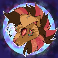  5_eyes a1t_ernative absurd_res ambiguous_gender anthro brown_body brown_fur brown_hair cheek_tuft dungeons_and_dragons eyelashes eyeless facial_hair facial_markings facial_tuft felid feline fur green_eyes hair hasbro head_markings hi_res icon lip_scar mammal maownok markings mohawk multi_eye mythological_creature mythology pattern_background pink_eyes pink_hair portrait scar short_ears sideburns simple_background solo teeth tressym tuft watermark wizards_of_the_coast 