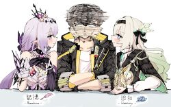  1boy 2girls 6sakuu absurdres black_hair breasts caelus_(honkai:_star_rail) castorice_(honkai:_star_rail) collarbone commentary_request crossed_arms english_text firefly_(honkai:_star_rail) gloves grey_hair hair_between_eyes hair_ornament hairband highres honkai:_star_rail honkai_(series) medium_breasts meme multiple_girls parody purple_eyes smile table the_weaker_sex_1_(gibson) trailblazer_(honkai:_star_rail) 