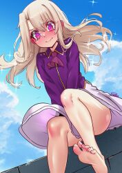  absurdres barefoot blue_sky blush breasts fate/stay_night fate_(series) feet female fukou highres illyasviel_von_einzbern long_hair long_sleeves looking_at_viewer pink_eyes purple_shirt shirt sitting skirt sky small_breasts solo white_hair white_skirt 