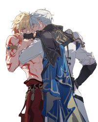  2boys abs absurdres antenna_hair arm_tattoo armlet armor biting biting_another&#039;s_hand black_gloves black_shirt blonde_hair blue_eyes braid chest_tattoo chinese_commentary coat commentary_request facial_tattoo fingerless_gloves from_behind gloves gradient_hair hair_between_eyes highres honkai:_star_rail honkai_(series) jewelry male_focus medium_hair migan multicolored_hair multiple_boys mydei_(honkai:_star_rail) pauldrons phainon_(honkai:_star_rail) red_hair red_tattoo saliva shirt short_hair shoulder_armor side_braid simple_background single_pauldron tattoo toned toned_male white_background white_coat white_hair yaoi yellow_eyes 