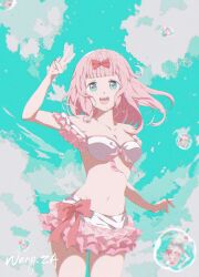  absurdres aqua_background aqua_eyes artist_name bikini bikini_skirt blunt_bangs bow bow_bikini breasts commentary cowboy_shot female fujiwara_chika hairbow hand_up highres kaguya-sama_wa_kokurasetai_~tensai-tachi_no_renai_zunousen~ long_hair looking_at_viewer medium_breasts multicolored_bikini navel off-shoulder_bikini off_shoulder open_mouth pink_bikini pink_bow pink_hair smile solo swimsuit teeth two-tone_bikini upper_teeth_only v wangza white_bikini 