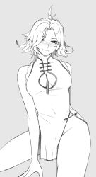  arm_behind_back bare_arms bare_shoulders blush breasts china_dress chinese_clothes cleavage_cutout clothing_cutout commentary dokibird_(vtuber) dress english_commentary female grey_background greyscale indie_virtual_youtuber looking_at_viewer medium_breasts moist_owlette monochrome no_panties nose_blush short_dress short_hair side_slit simple_background sleeveless sleeveless_dress smile solo tassel thighs virtual_youtuber 