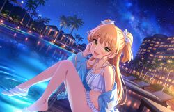  :d barefoot bikini blonde_hair blush bow bracelet breasts dutch_angle eyelashes fangs feet female frilled_bikini frills green_eyes hair_ornament hair_scrunchie hairbow idolmaster idolmaster_cinderella_girls idolmaster_cinderella_girls_starlight_stage jacket jewelry jougasaki_rika knees_together_feet_apart knees_up legs long_hair looking_at_viewer navel night night_sky official_art open_clothes open_jacket palm_tree poolside reflection reflective_water scrunchie sidelocks sitting sky small_breasts smile soaking_feet solo swimsuit tile_floor tiles toes tree two_side_up wet white_bikini white_bow 