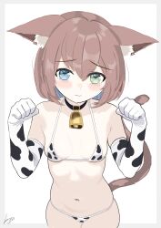 absurdres animal_collar animal_ear_fluff animal_ears animal_print artist_name bell bikini black_collar blue_eyes blue_hair blush breasts brown_hair brown_tail cat_ears cat_girl cat_tail closed_mouth collar colored_inner_hair commentary cow_print cow_print_bikini cow_print_gloves cowbell cowboy_shot ears_down elbow_gloves embarrassed female frown gloves green_eyes grey_background halterneck hands_up heterochromia highres indie_virtual_youtuber looking_at_viewer michiyo_mao micro_bikini multicolored_hair neck_bell onli720justmao outside_border paw_pose print_bikini print_gloves short_hair signature skindentation small_breasts spanish_commentary stomach swimsuit tail virtual_youtuber wavy_mouth white_background 