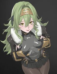  absurdres belt belt_pouch black_background black_gloves black_ribbon black_skirt breasts brown_pantyhose cowboy_shot female fur_collar fur_trim gloves goddess_of_victory:_nikke grabbing_own_breast green_hair hair_between_eyes hair_intakes hair_ribbon hairband highres kilo_(nikke) leotard long_hair long_sleeves looking_at_viewer mechanical_gloves pantyhose pleated_skirt pouch ribbon shrug_(clothing) skirt small_breasts standing taiyang_yu yellow_eyes yellow_hairband 