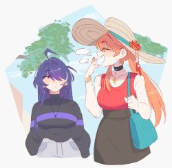  2girls :d ^_^ acheron_(honkai:_star_rail) ahoge alternate_costume bag bare_arms bare_shoulders black_choker black_skirt black_sweater blue_sky blush breasts choker closed_eyes cloud day guinaifen_(honkai:_star_rail) hair_intakes handbag hat highres honkai:_star_rail honkai_(series) large_breasts long_hair multiple_girls open_mouth orange_hair purple_eyes purple_hair red_shirt shirt skirt sky sleeveless sleeveless_shirt smile sun_hat sweater unfamousradish very_long_hair 
