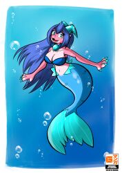  2025 2_horns anthro blue_background blue_body blue_bra blue_clothing blue_hair blue_underwear border bra breasts bubble clothing countershading female gonzo23 grey_body grey_countershading hair hi_res horn kobold looking_at_viewer lora_tsuki marine merfolk midriff open_mouth scalie simple_background solo split_form underwear white_border 