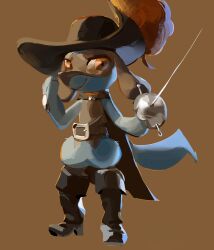  2023 ambiguous_gender anthro austinarts4 belt black_belt black_body black_boots black_cape black_clothing black_footwear black_fur black_hat black_headwear black_nose blue_body blue_fur boots brown_background cape clothing footwear fur generation_4_pokemon hat headgear headwear hi_res holding_melee_weapon holding_object holding_sword holding_weapon looking_at_viewer melee_weapon multicolored_body multicolored_fur nintendo pokemon pokemon_(species) rapier riolu shoes simple_background smile solo standing sword tail two_tone_body two_tone_fur weapon 