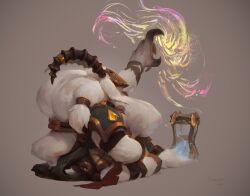  ambiguous_anthro ambiguous_gender anthro armor brown_background brown_horn cape clothed clothing darkgem fur hi_res horn horn_jewelry horn_ring hourglass_(object) jewelry magic_user mask ring_(jewelry) signature simple_background sitting solo wearing_mask white_body white_fur 