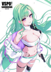  absurdres black_nails blush breasts cleavage commentary female fishnet_thighhighs fishnets green_hair gun hashtag-only_commentary highres holding holding_gun holding_weapon jacket kiiro_(cocoa080) long_hair looking_at_viewer mole mole_on_breast navel off_shoulder open_clothes open_jacket purple_eyes shorts single_thighhigh solo sparkle thigh_strap thighhighs virtual_youtuber vspo! vspo!_showdown weapon white_background white_shorts yakumo_beni 