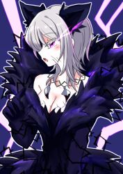  :o animal_ears barbed_wire breasts cleavage coat e.g.o_(project_moon) electricity faust_(project_moon) female fur_trim gloves jewelry limbus_company looking_at_viewer myomyomyo114 necklace oerba_yun_fang open_mouth project_moon purple_background purple_coat purple_eyes purple_gloves short_hair simple_background solo telepole_(e.g.o) tooth_necklace upper_body white_hair wolf_ears 
