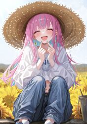  aqua_hair aqua_nails blue_pants blue_sky blush closed_eyes collarbone colored_inner_hair day earrings female field fingernails flower flower_earrings flower_field hat highres hololive jewelry long_hair long_sleeves midriff minato_aqua multicolored_hair nail_polish open_mouth outdoors pants pink_hair sa-ya2 shirt sitting sky smile solo streaked_hair sun_hat sunflower sunflower_field teeth two-tone_hair upper_teeth_only virtual_youtuber white_shirt yellow_hat 