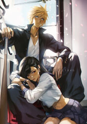  1boy baggy_pants bandaid bandaid_on_cheek bandaid_on_face baseball_bat black_hair black_jacket black_pants blonde_hair blue_eyes blue_sailor_collar blue_scrunchie blue_skirt blush bracelet closed_mouth cloud_strife cloud_strife_(midgard_seventh_high_school) collarbone cropped_shirt delinquent earrings elbow_rest english_commentary falling_petals feet_out_of_frame female final_fantasy final_fantasy_vii final_fantasy_vii_ever_crisis gakuran hair_behind_ear hair_ornament hair_scrunchie hairclip head_rest heart heart_earrings highres holding holding_baseball_bat jacket jewelry leaning_on_person lips long_hair looking_at_viewer low-tied_long_hair midriff miniskirt navel official_alternate_costume open_clothes open_jacket pants petals pink_petals pleated_skirt red_eyes sailor_collar school_uniform scrunchie serafuku shirt short_hair single_earring sitting sitting_between_lap skirt spiked_hair spring_(season) spykeee swept_bangs tifa_lockhart tifa_lockhart_(midgard_seventh_high_school) twitter_username white_serafuku white_shirt 