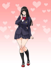  black_eyes black_hair black_skirt black_socks blazer blush bow bowtie breasts female full_body gradient_background highres jacket large_breasts long_hair long_sleeves looking_at_viewer original panties pantyshot pink_background red_bow red_bowtie school_uniform shirt skirt smile socks solo takurou underwear white_background white_panties white_shirt 