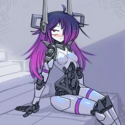  absurdres ahoge arm_support blue_hair blush breasts colored_skin female frown gradient_hair hair_over_one_eye highres humanoid_robot joints long_hair looking_to_the_side mechabare medium_breasts multicolored_hair narrow_waist no_nose nradiowave original purple_eyes purple_hair purple_trim robot robot_ears robot_joints sitting sketch_background solo white_skin 