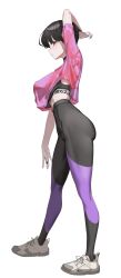  absurdres arm_behind_head arm_up black_hair black_pants black_sports_bra blue_archive breasts female from_side highres looking_to_the_side multicolored_pants pants pink_shirt profile purple_pants shirt shoes short_hair sneakers sports_bra tagua white_shoes yoga_pants 
