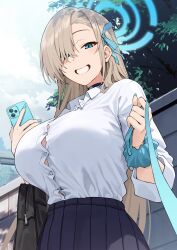  absurdres asuna_(blue_archive) asuna_(school_uniform)_(blue_archive) asymmetrical_bangs bag black_choker blonde_hair blue_archive blue_bow blue_bowtie blue_eyes blue_halo blue_nails blue_ribbon blue_scrunchie blush bow bowtie breasts button_gap cellphone choker cowboy_shot female hair_over_one_eye hair_ribbon halo highres holding holding_leash holding_phone large_breasts leash long_hair looking_at_viewer mole mole_on_breast phone pleated_skirt pov ribbon school_bag school_uniform scrunchie shirt shunichi skirt smartphone smile solo very_long_hair viewer_on_leash white_shirt wrist_scrunchie 