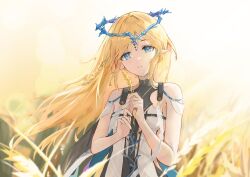  bare_shoulders black_collar black_dress blonde_hair blue_eyes cartethyia_(wuthering_waves) collar commentary_request crown_of_thorns dress female hakugyokurou_no_oojou-sama jewelry long_hair looking_at_viewer necklace parted_bangs parted_lips pointy_ears solo tabard tacet_mark_(wuthering_waves) upper_body white_tabard wuthering_waves 