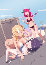  angelchama bare_shoulders bikini blonde_hair blue_eyes blunt_bangs blush breasts cleavage cloud collarbone cowgirl_position hair_ornament heterochromia highres hololive hololive_english horns irys_(hololive) irys_(holonatsu_paradise)_(hololive) large_breasts long_hair multicolored_hair multiple_girls navel ninomae_ina&#039;nis ninomae_ina&#039;nis_(holonatsu_paradise) open_mouth orange_hair outdoors pointy_ears purple_eyes purple_hair red_hair shiranui_flare sky streaked_hair swimsuit very_long_hair virtual_youtuber white_bikini wings 