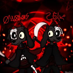  1:1 anthro canid canid_demon canine clothing demon digital_media_(artwork) duo fur gwyn_ankou hellhound looking_at_viewer male male_anthro mammal midnightbatizer mythological_canine mythological_creature mythology phobos_ankou simple_background smile tail text 