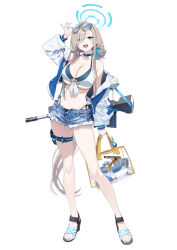  absurdres assault_rifle asuna_(blue_archive) baffu bag bikini blonde_hair blue_archive blue_eyes blue_halo blue_shorts bow breasts bullpup commentary_request cutoffs denim denim_shorts famas female gun gun_sling hair_over_one_eye hairbow halo highres holding holding_bag large_breasts long_hair navel open_fly rifle sandals short_shorts shorts simple_background smile swimsuit weapon white_background white_bikini 