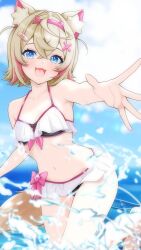  absurdres alternate_costume animal_ear_fluff animal_ears bandaid bandaid_hair_ornament bare_shoulders beach bikini blue_eyes blush breasts collarbone dog_ears dog_girl dog_tail female frilled_bikini_bottom frilled_bikini_top hair_intakes hair_ornament highres hololive holonatsu_paradise horn_hairband long_hair medium_breasts mococo_abyssgard mu_me0812 navel open_mouth pink_hair reaching reaching_towards_viewer short_hair smile solo splashing stomach swimsuit tail very_long_hair virtual_youtuber wet white_bikini 