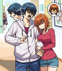  +_+ 5boys anger_vein angry arm_hug blonde_hair blue_hair blue_pants blue_shorts breast_press breasts brown_hair chinese_commentary clenched_teeth closed_eyes closed_mouth collarbone commentary_request cousins denim false_smile fatzhai female glasses grand_blue highres imamura_kouhei jacket jeans kitahara_iori kotegawa_chisa large_breasts long_sleeves mitarai_yuu_(grand_blue) motion_lines multiple_boys nojima_hajime_(grand_blue) open_mouth pants red_hair red_shirt shaded_face shirt short_hair shorts smile speech_bubble sweat teeth thought_bubble twitter_username white_jacket yamamoto_shinichirou_(grand_blue) 