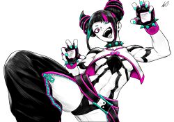  absurdres black_hair blue_eyes blue_nails breasts claw_pose collar commentary crop_top english_commentary female gloves hair_horns heterochromia highres juri_han linea_alba lughost medium_breasts multicolored_hair nail_polish navel open_mouth pink_eyes pink_hair sidelocks signature simple_background smile solo spider_tattoo spiked_collar spiked_gloves spikes stomach streaked_hair street_fighter street_fighter_6 tattoo underboob white_background 
