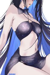  bare_shoulders bikini black_bikini black_sarong blue_hair breasts commentary english_commentary female head_out_of_frame highres hololive hololive_english large_breasts long_hair multicolored_hair nerissa_ravencroft nyanyaqwi purple_eyes sarong simple_background slit_pupils solo swimsuit two-tone_hair virtual_youtuber white_background 