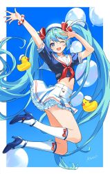  aqua_eyes aqua_hair arm_up beret black_shirt blue_background blue_shoes border bow_legwear female full_body hat hatsune_miku high_heels highres kneehighs long_hair midriff neckerchief open_mouth red_neckerchief sailor_collar shirt shoes skirt smile socks solo teeth twintails upper_teeth_only urata_asao very_long_hair vocaloid white_border white_hat white_sailor_collar white_skirt white_socks 