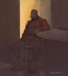  alcohol anthro azri.upset barefoot belt beverage blind_eye bottomwear claws clothed clothing digitigrade feet green_body green_scales hi_res jacket komodo_dragon lizard mack_reinhardt male monitor_lizard pants reptile scales scalie sitting solo tail toe_claws topwear 