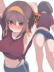  alternate_costume armband armpits arms_up ass black_panties blue_shorts blush breasts brown_eyes brown_hair closed_mouth embarrassed feet_out_of_frame female from_behind from_below hairband highleg highleg_panties highres large_breasts looking_at_viewer multiple_views navel nose_blush orange_armband orange_hairband panties rai_iceblast red_shirt shirt short_hair shorts sidelocks simple_background suzumiya_haruhi suzumiya_haruhi_no_yuuutsu underwear white_background 