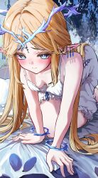  absurdres all_fours alternate_costume bare_shoulders blonde_hair blush breasts cartethyia_(wuthering_waves) closed_mouth collarbone commentary_request crown_of_thorns dress ear_blush earrings embarrassed female highres jewelry kiyokatsu_(kyktsu0908) long_hair looking_at_viewer medium_breasts multiple_earrings parted_bangs pointy_ears sidelocks solo tacet_mark_(wuthering_waves) white_dress wuthering_waves 