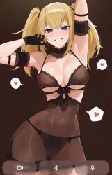  absurdres ani_(xai) arm_up armband armpits bare_shoulders black_armband black_bra black_choker black_dress black_gloves black_panties blue_eyes blush bra breasts brown_background choker cleavage commentary contrapposto dress female gloves hair_between_eyes heart highres lace lace-trimmed_gloves lace_bra lace_choker lace_collar lace_trim large_breasts long_hair looking_at_viewer panties see-through_clothes see-through_skirt skirt smile solo spoken_heart sweat twintails underwear weimiaw xai_(company) 