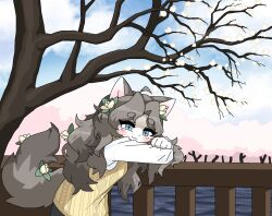  2025 accessory anthro blue_eyes blush bottomwear brown_hair canid canine cherry_blossom cherry_tree clothed clothing cloud detailed detailed_background digital_drawing_(artwork) digital_media_(artwork) female flower flower_in_hair freckled_face freckles fruit_tree fully_clothed hair hair_accessory head_on_arm hi_res lake leaning leaning_forward mammal narrowed_eyes pants plant potatobud3 prunus_(flower) railing shaded shirt sky skyscape solo standing sweater sweater_vest topwear tree vest white_clothing white_shirt white_topwear 