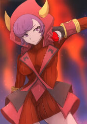  black_gloves breasts courtney_(pokemon) cowlick dress fake_horns female gloves highres holding holding_poke_ball hood hood_up hooded_vest hoodie horned_headwear horned_hood horns long_sleeves medium_breasts omiza_somi poke_ball poke_ball_(basic) pokemon pokemon_oras purple_eyes purple_hair red_dress red_hood ribbed_dress short_dress solo swept_bangs team_magma v-shaped_eyebrows vest 