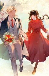  1boy absurdres black_hair blonde_hair blush breasts couple earrings female gold_earrings hairband highres husband_and_wife ideksams jewelry large_breasts long_hair long_sleeves open_mouth red_eyes shirt short_hair sidelocks smile spy_x_family straight teeth twilight_(spy_x_family) yor_briar 