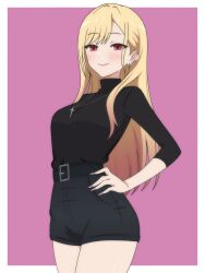  absurdres black_shorts blonde_hair border breasts closed_mouth cross cross_necklace dani_(angrymatthew) denim denim_shorts ear_piercing eyebrows_hidden_by_hair eyes_visible_through_hair female gyaru hand_on_own_hip high-waist_shorts highres jewelry kitagawa_marin large_breasts long_hair long_sleeves looking_at_viewer multicolored_hair necklace outside_border piercing pink_eyes pink_hair purple_background shirt short_shorts shorts smile solo sono_bisque_doll_wa_koi_wo_suru standing streaked_hair swept_bangs thighs turtleneck turtleneck_shirt very_long_hair white_border 