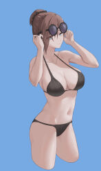  absurdres bare_shoulders bikini black_bikini blue_background blue_eyes breasts bridget:_ardeo_(pgr) bridget_(pgr) brown_hair chinese_commentary cleavage closed_mouth collarbone commentary_request cropped_legs eyewear_on_head female fishmanblue hair_between_eyes hair_bun hands_up highres large_breasts looking_at_viewer navel punishing:_gray_raven round_eyewear sidelocks simple_background smile solo standing stomach sunglasses swimsuit 