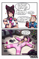  2girls alcohol antlers aqua_nails artist_name barefoot beer blonde_hair bra bracelet breasts cammy_white charger christmas christmas_stocking christmas_tree collar dated english_commentary english_text eyeshadow fingerless_gloves gloves hair_horns hair_over_one_eye hat hershuar horns jewelry juri_han lying makeup multicolored_hair multiple_girls navel on_back phone purple_eyes purple_eyeshadow reindeer_antlers santa_hat spiked_bracelet spiked_collar spikes street_fighter street_fighter_6 talking_to_self two-tone_hair underwear 