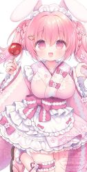  animal_ears blush braid breasts candy_apple carrot_hair_ornament collarbone female flower food food-themed_hair_ornament frilled_thigh_strap hair_flower hair_ornament holding_candy_apple japanese_clothes kimono large_breasts layered_skirt long_hair long_sleeves looking_at_viewer open_mouth original pink_eyes pink_flower pink_hair pink_kimono pink_sash pink_skirt rabbit_ears sash simple_background skirt sleeves_past_wrists smile solo thigh_strap thighs twintails usashiro_mani white_background 