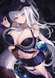  absurdres arm_under_breasts bare_shoulders black_hat blue_eyes blue_shirt blue_shorts breasts cleavage collarbone commission crop_top deogho_(liujinzy9854) detached_sleeves dungeon_and_fighter female grin half_updo halterneck hand_up hat highres large_breasts long_hair long_sleeves looking_at_viewer midriff navel newsboy_cap original panty_straps shirt short_shorts shorts sleeveless sleeveless_shirt smile solo stomach tail thigh_strap thighs very_long_hair white_hair 